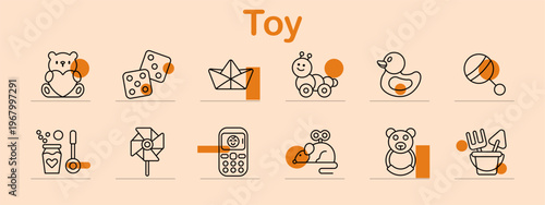 Toy set icon. Teddy, dice, boat, car, duck, ball, bubbles, pinwheel, phone, rocking horse, sandbox, playtime, childhood, fun, entertainment, leisure