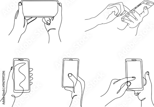 Hand Holding Smartphone Outline Icon Set Vector