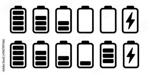 Battery icons set in black style showing charge levels, energy status, full, low, and power indicators in vector illustration