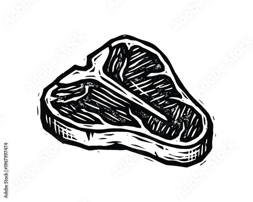 Beef steak illustration. Woodcut meat texture icon. Raw ribeye slice isolated on transparent grid.