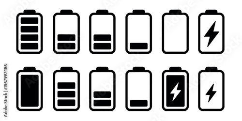 Battery icons set in black style showing charge levels, energy status, full, low, and power indicators in vector illustration