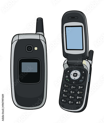 Black and white flip phone open and closed view technology icon on transparent background