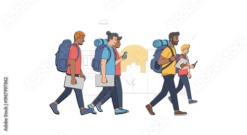 Group of Hikers Walking with Backpacks.