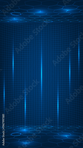Abstract technology vertical background with curve grid backdrop and glowing speed line and hexagon network.Vector illustrations.