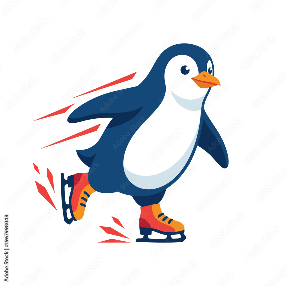 Fototapeta premium This illustration showcases a playful penguin energetically skating on ice, representing movement, speed, and the joyful nature of winter sports in an engaging and colorful style.