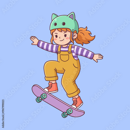 A young girl is joyfully skateboarding while wearing a helmet and stylish clothing, conveying a sense of adventure, freedom, and youthful fun in a vibrant atmosphere.