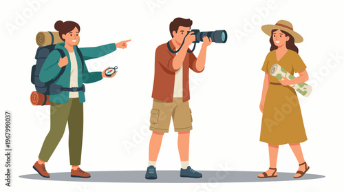 This illustration depicts three enthusiastic travelers engaging in adventures outdoors, showcasing teamwork, exploration, and joy, with a camera capturing their memorable moments.