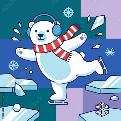 A charming polar bear is depicted ice skating joyfully while wearing an earmuff and a scarf, encapsulating the whimsical essence of winter fun in a bright and colorful setting.