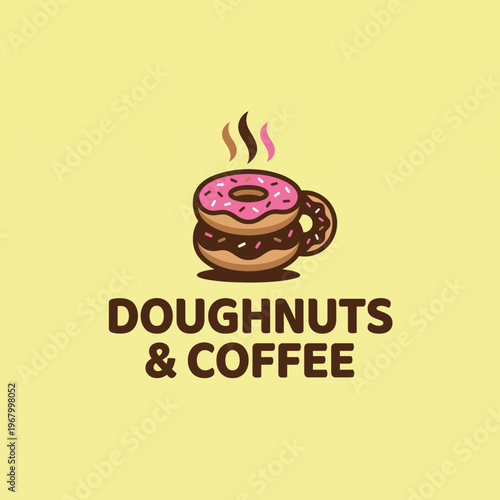 An enticing stack of doughnuts with pink icing and coffee, showcasing a delightful combination perfect for cafés or breakfast menus, conveying a sense of treat and comfort.