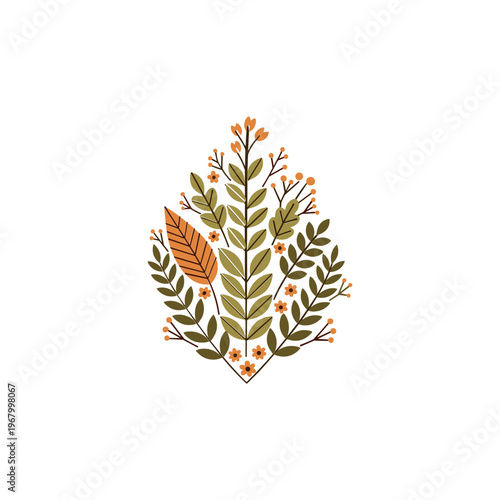Illustrated Leafy Branch with Flowers and Foliage.