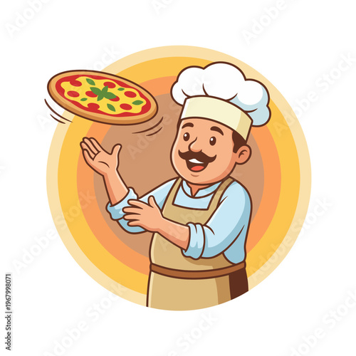 A joyful pizza chef throwing pizza dough in the air, creating a lively atmosphere, perfect for pizza parlors or cooking themes, showcasing a love for culinary arts.
