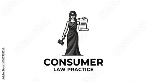 This image features a logo representing consumer law practice, emphasizing justice with scales, a gavel, and a legal document held by a blindfolded figure, symbolizing fairness.