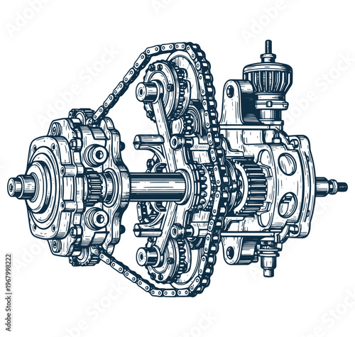 Detailed mechanical assembly with interconnected gears and chains  industrial components
