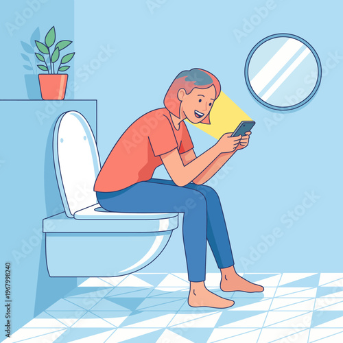 This humorous illustration depicts a relaxed character sitting on a toilet, joyfully engaging with a smartphone while creating a light-hearted atmosphere surrounding everyday life activities.
