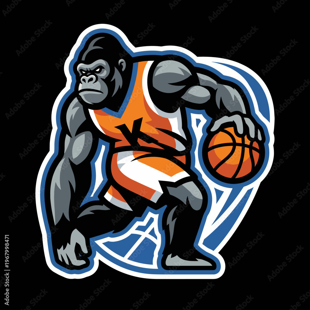 Naklejka premium An energetic illustration of a gorilla playing basketball, showcasing strength and determination, ideal for sports-related themes and gearing.