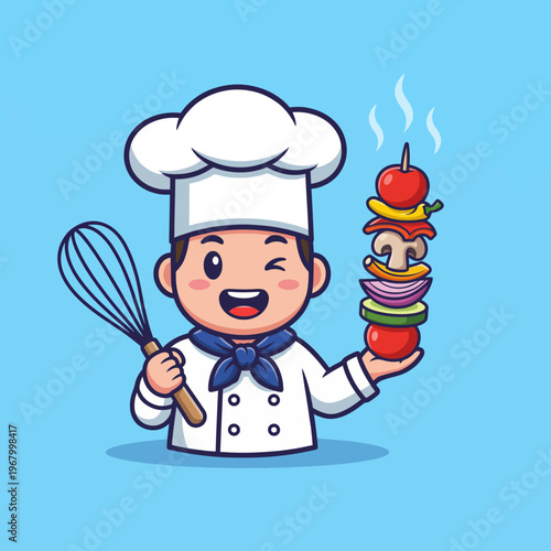 This delightful image features a cartoon-style chef winking and holding a colorful stack of vegetables, representing joy and creativity in cooking and culinary art.