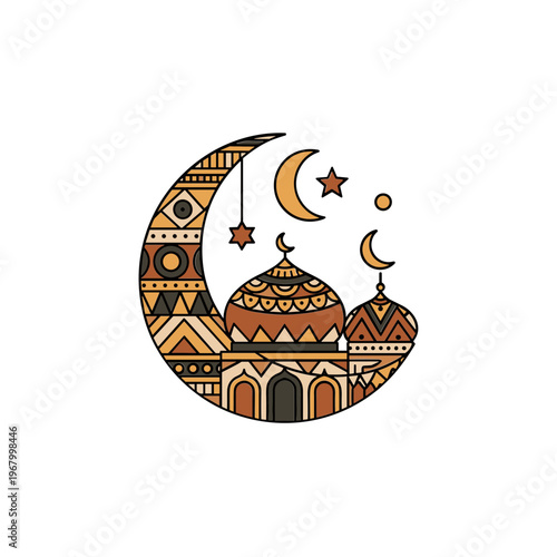 Islamic Mosque Crescent Moon Stars Illustration.