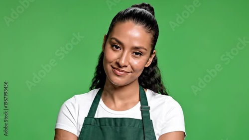 Smiling woman in green apron on vibrant green background