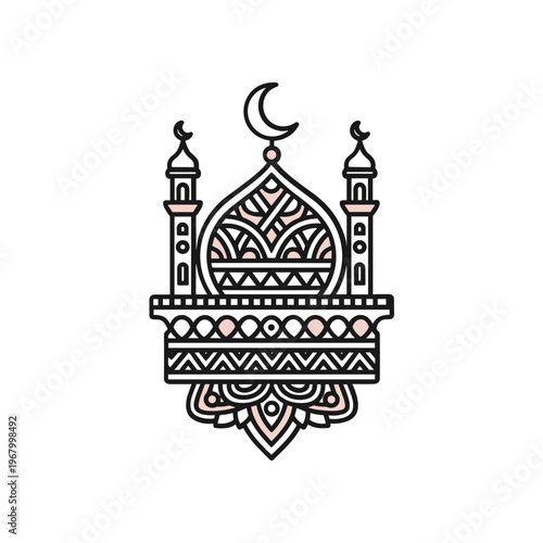 Islamic Mosque Dome Minaret Crescent Moon Symbol.