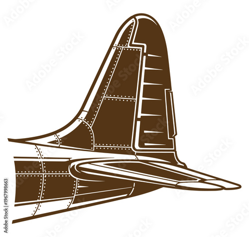 rear view of airplane tail section with rivets and metal panels