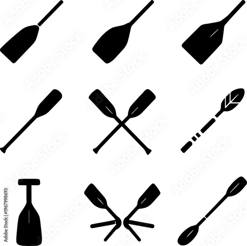 black silhouettes of various oar and paddle designs