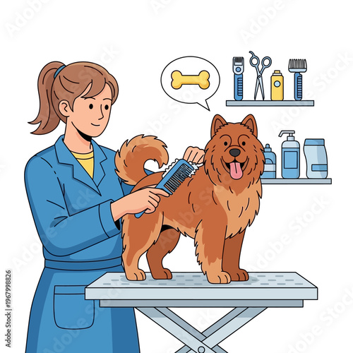 Professional groomer brushing a happy chow chow dog on a grooming table with tools