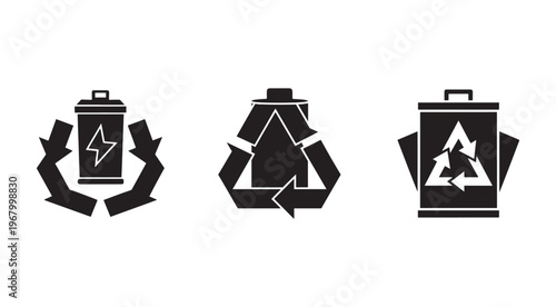 Battery recycling icons with arrows and recycling symbol on white background  eco friendly battery disposal