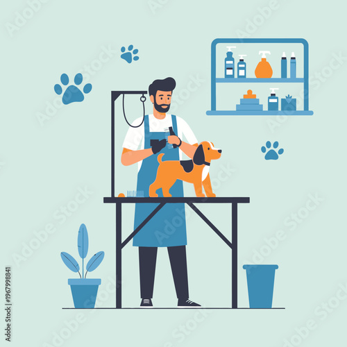 Professional groomer styling a cute dog on a grooming table in a clean salon