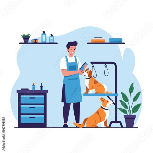 Professional groomer styling two dogs on a grooming table in a clean salon