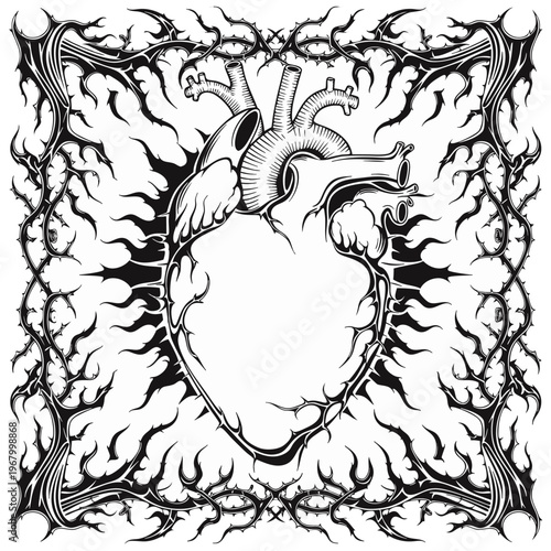 EPS Vector Graphic Anatomical Heart Illustration Gothic Tattoo Style Dark Aesthetic Barbed Wire Thorns Floral Border