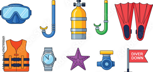 Scuba Diving Gear and Equipment Icon Set Featuring Goggles, Snorkel, Oxygen Tank, Fins, and Diver Down Flag