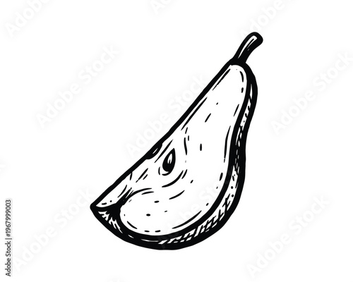 Black sketch of pear slice with seed, hand drawn fruit piece illustration, organic harvest element