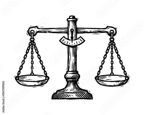 Black ink sketch of measuring scale. Equality and judgment symbol. Legal weight balance instrument.