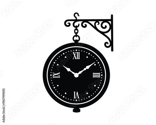 Black station clock, decorative bracket, roman numerals, hanging mechanism, transparent background, vector.
