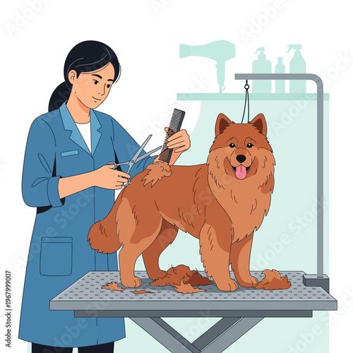 Professional groomer trimming a fluffy brown dog on a grooming table with scissors and comb