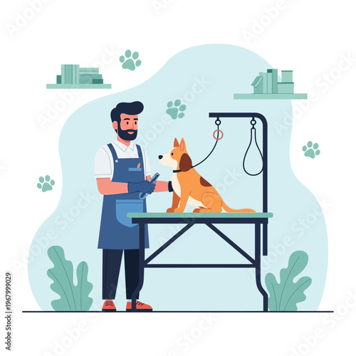 Professional groomer trimming dog's nails on grooming table, pet care, grooming salon
