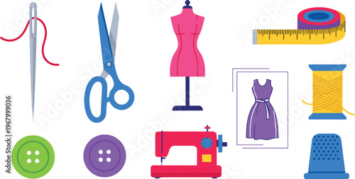 Sewing and Fashion Design Icon Set Featuring Needle, Scissors, Tape Measure, Buttons, and Sewing Machine