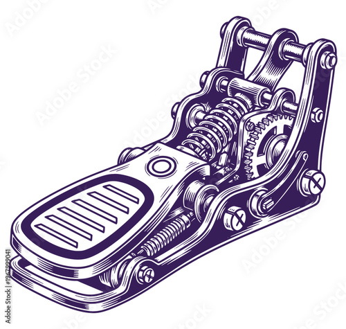 Vintagestyle illustration of a metal pedal with mechanical components  isolated on white background