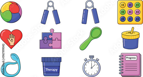 Therapy and Child Development Icons Set Featuring Fun Tools for Fitness, Mental Wellness, and Progress Tracking