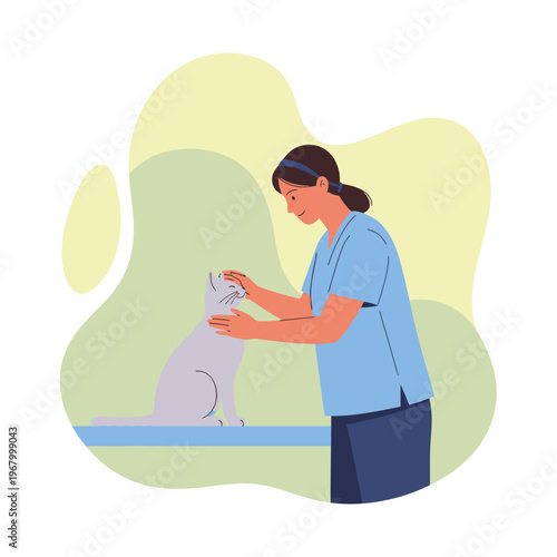 Veterinarian gently petting a white cat during a medical examination