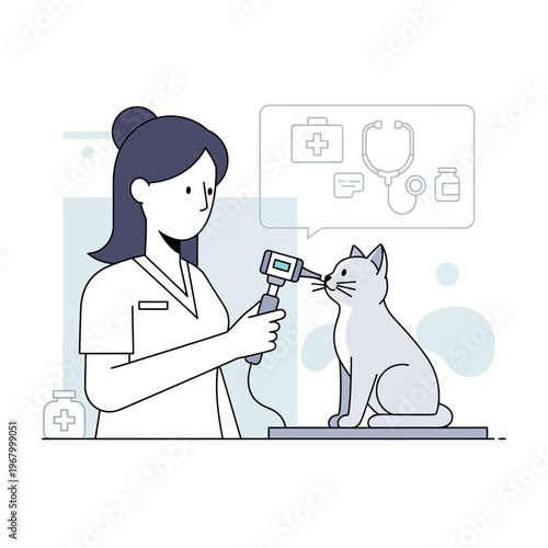 Veterinarian examining cat's ear with otoscope, medical equipment icons in thought bubble