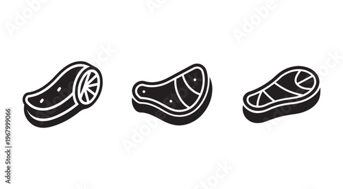 Black and white icons of different types of steaks  raw meat cuts with bones and lines  simple flat style