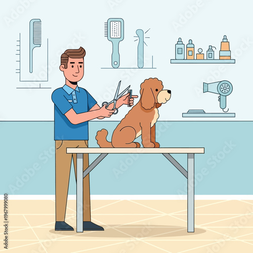 Professional groomer cuts a poodle dog's fur on a grooming table with scissors