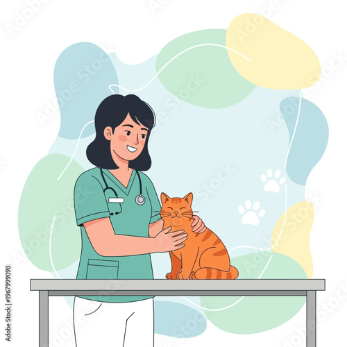 Veterinarian examining a happy orange cat on a table, vet clinic interior, paw prints