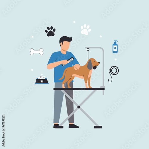 Groomer trims dog on grooming table with tools, paw prints, bone, shampoo bottle