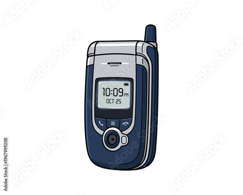 Blue flip phone design, outer screen display, lens detail, modern communication gadget, colorful art