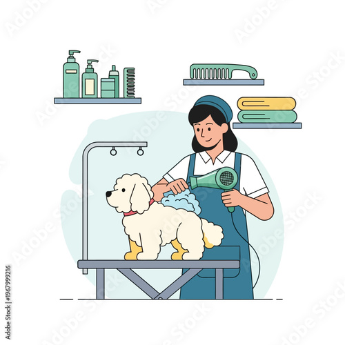 Professional groomer drying a fluffy white dog after a bath on a grooming table