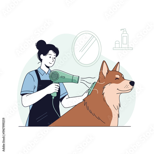 Pet groomer drying dog with hairdryer and brush, professional grooming salon service