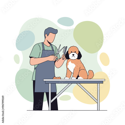 Professional groomer trimming a cute poodle dog on a grooming table, pet care concept