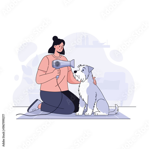 Woman drying dog with hairdryer after bath, pet grooming at home, happy schnauzer